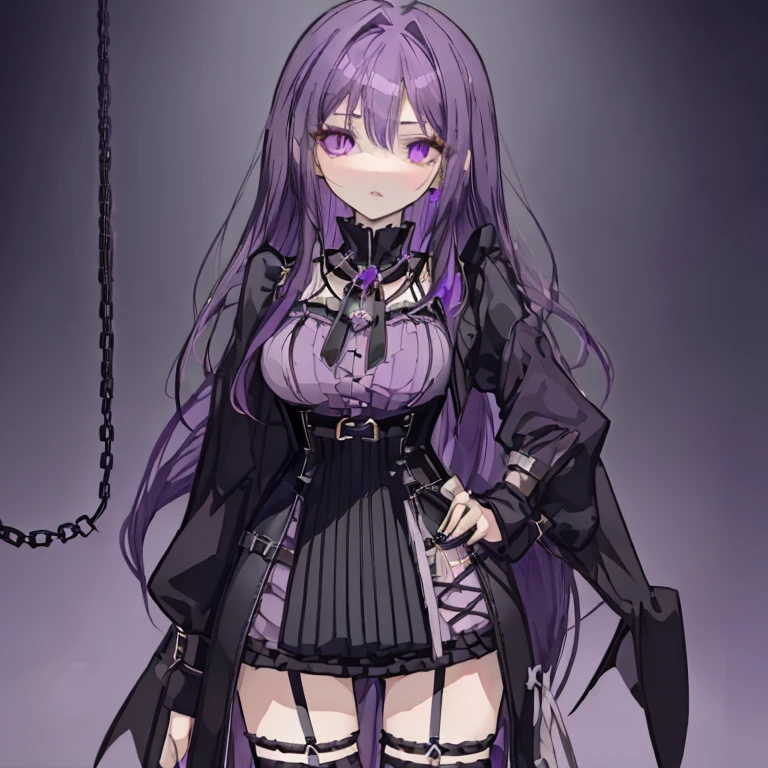 1 girl、Mature、Purple Hair、Long hair Purple eyes、Sharp Eyes、Black Dress、Chain Accessories、corset、belt、Black Stockings、garter、Knee-high、gem、cool、