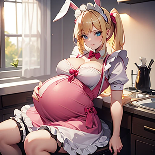 Beautiful pregnant female maid, mature, bunny ears, wants to have sex with me, cleavage, maid dress, blonde pigtails, pregnant