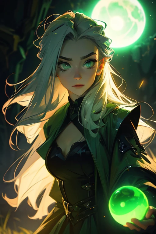 A young silver haired woman with green eyes in a pretty gothic dress is holding a green orb with green lightning behind her at night

