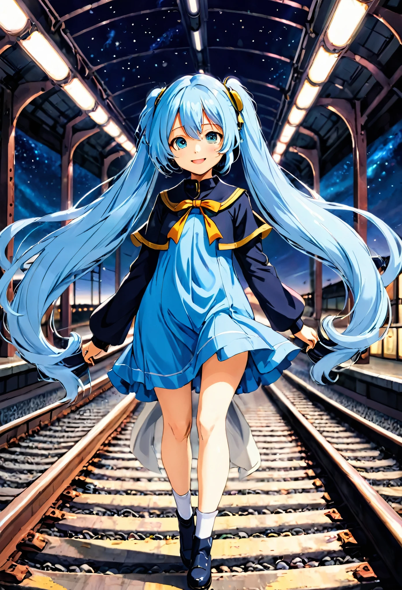 Railroad to space　Galaxy Express 999　Beautiful girl walking along the railroad tracks　Light blue long hair　Twin tails beautiful girl　Bright smile　Bigger in the center　Station platform　