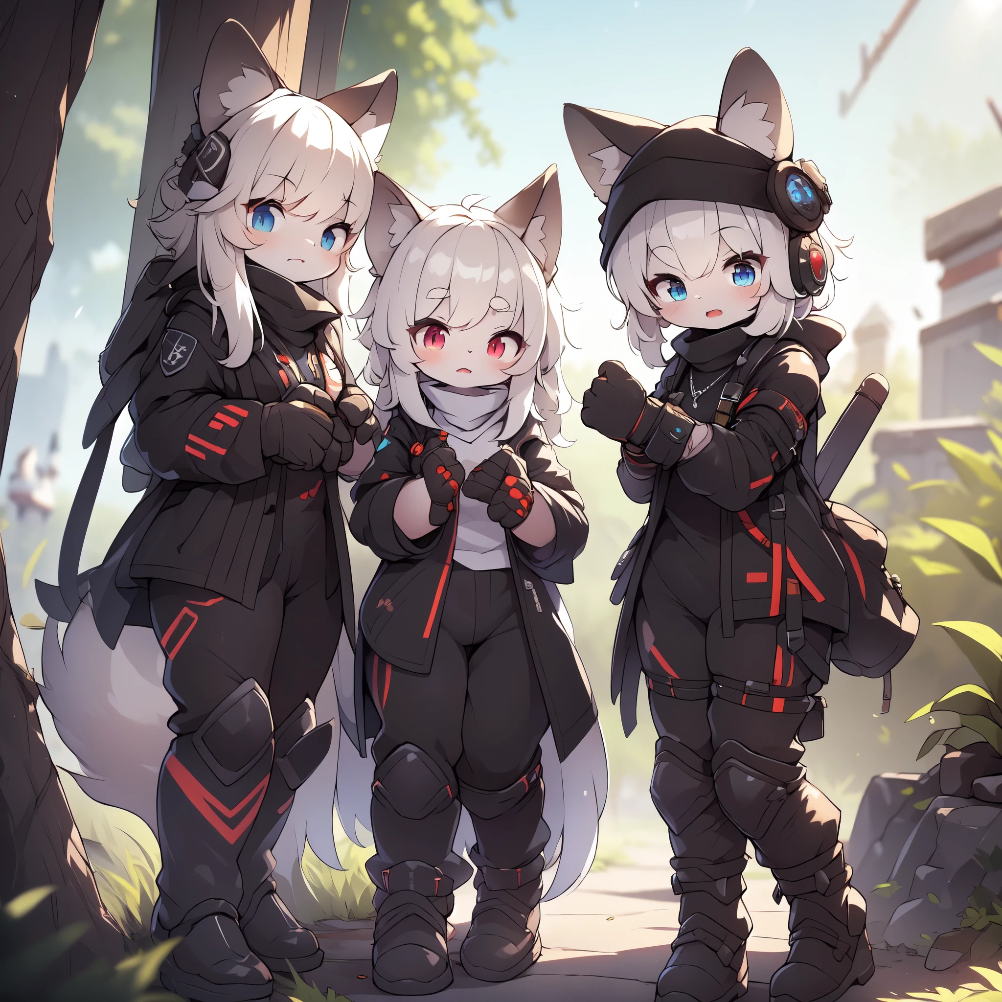 Kawaii, Striped Fluffy Fox, emaciated, long hair, 3girls, artificial synthetic skin, life support prosthetics, digital headphones, black tight latex bodysuit, white long dress, thigh-high-socks, shorts, loose off-the-shoulder hood open jacket, holsters in thigh, Mechanical boots, tactical knee pads, tactical belted loose Arm Sleeves, cybernetic Display gloves, chest rigs, tactical belts, blue archive halo, bulletproof goggles on forehead, from Ark nights, ray tracing, depth of field, bloom, masterpiece, ccurate, high details, highres