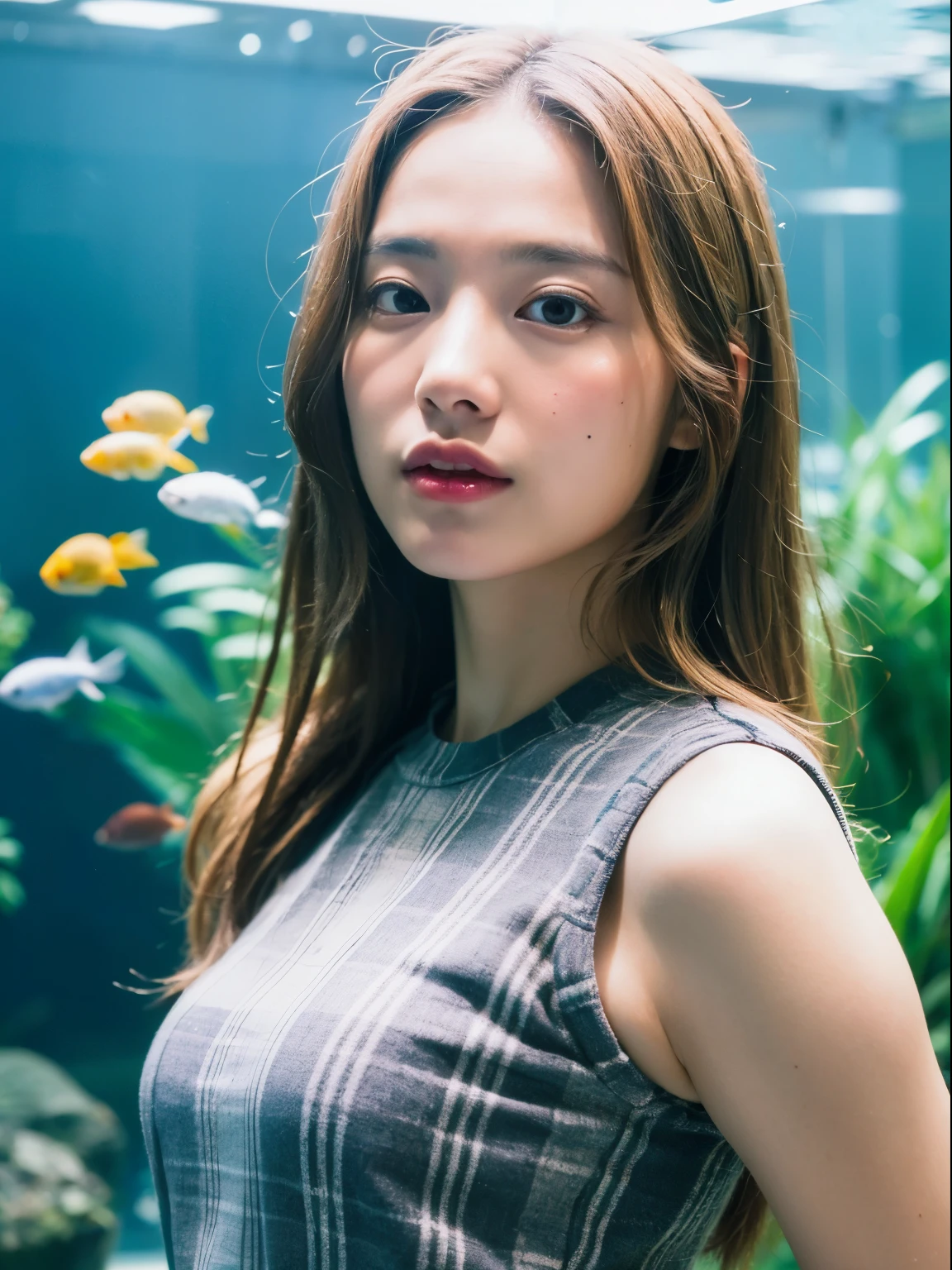 ((最high quality、8k、masterpiece、Portraiture:1.3)), , Background aquarium, , high quality, woman&#39;Testimonials, Japanese, 中年woman, きれいなwoman, Large Breasts , 50 years old, Plump body, Perm Hair, Wrinkles around the eyes、Apartment kitchen、、Floral print dress、、、wedding ring、、、Cleavage、、Close the chest,、