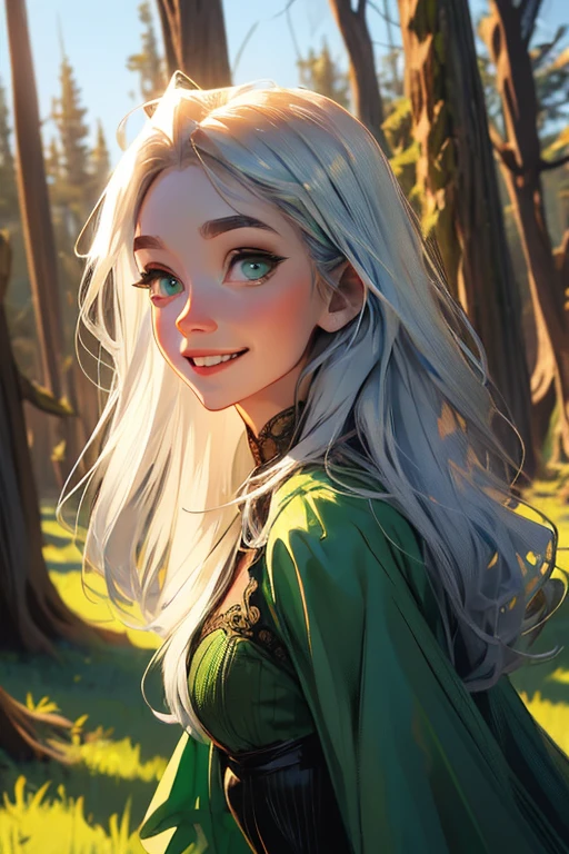 A young silver haired woman with green eyes in a pretty gothic dress is smiling in a sea of dead trees
