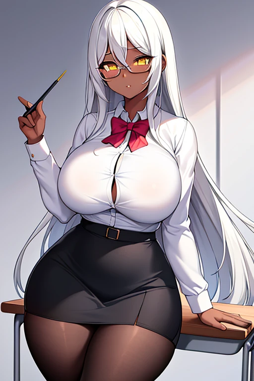 1girl, dark skin, white hair, long hair, yellow eyes, large breasts, wide hips, thick thighs, white shirt, button shirt, skirt, pencil skirt, pantyhose, teacher, classroom, glasses,