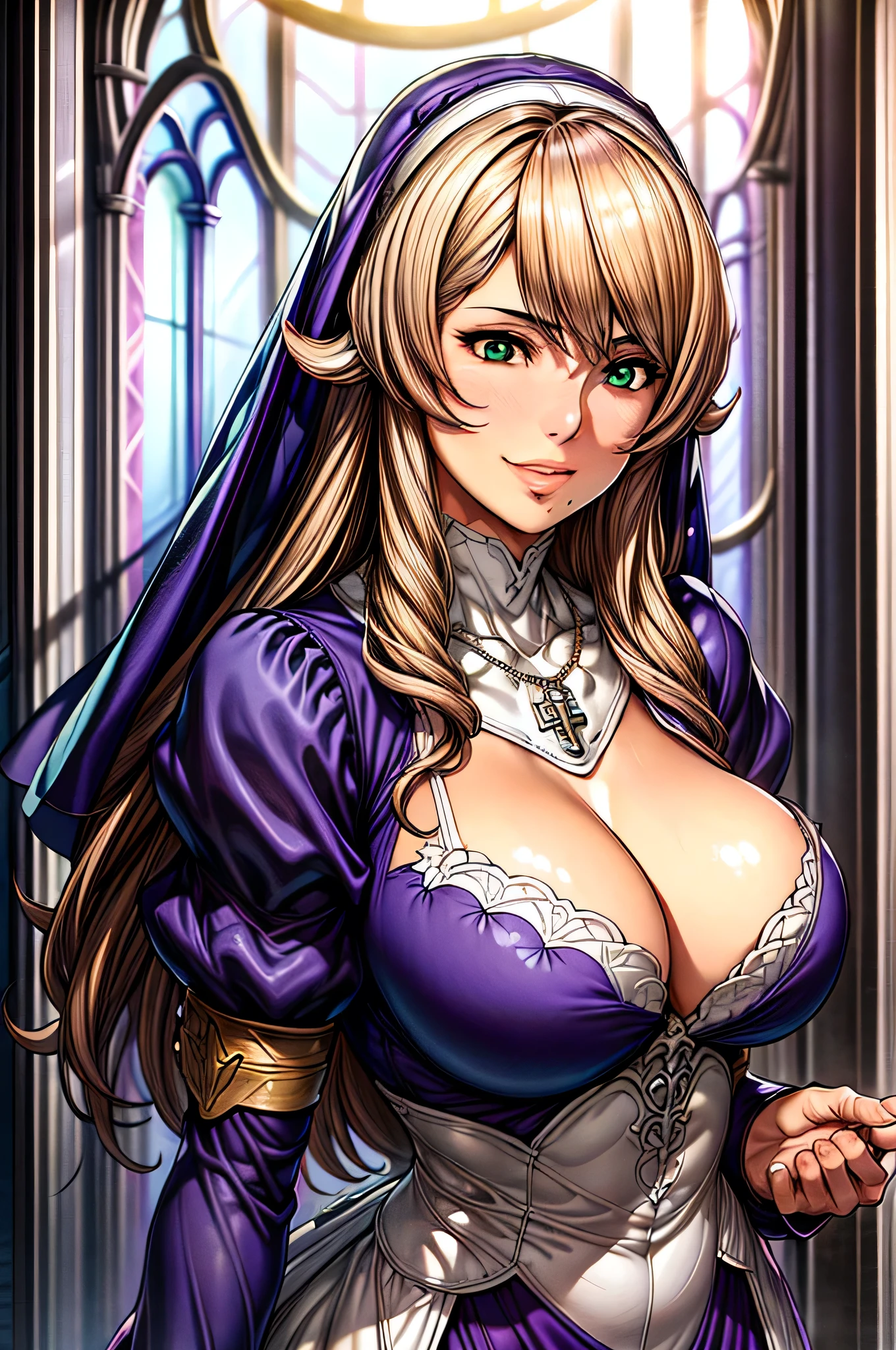 mature female,perfect hands, perfect finger,perfect anatomy, masterpiece, best quality,realistic, hyperrealistic, 16k hdr,,(Fairy skin:1.1),large  breasts,(smile), purple outfit,puffy sleeves,cleavage cutout, cleavage,nun,jewelry,necklace,Brown hair,Bangs,Green eyes,(church:1.2),Dynamic Pose,upper body,spread legs