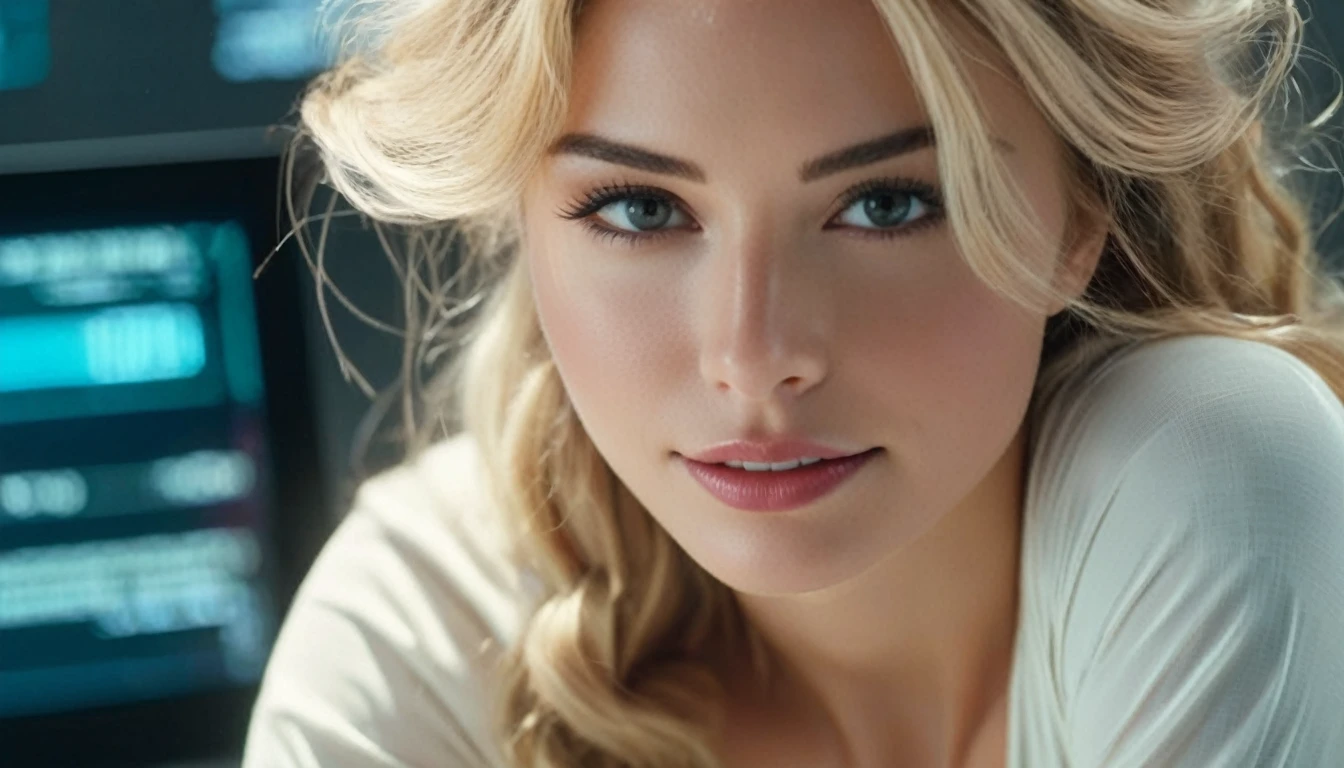 ((high angle camera view from above))cinematic wide angle full body shot of a stylish european long blonde wavy haired woman wearing (elegant short white dress with bow strap)sitting in front of a futuristic computer in a programming room, in the background there is a holographic interface visualize a futuristic colorful LLM neuron web.Consistent structure of the character. She has stylish make up and luxury hair style. Highly detailed facial features, full lips, upturned nose, best smile, realistic perfect eyes and face. Photorealistic body and face, highly detailed shiny hair and skin. Sharp focus, depth of field, lifelike textures, best shadows, best quality. Realism, photorealism, hyperrealism, vintage muted color tones, lomochrome, natural lights, cinematic lighting, contrast lighting, best quality, insanely intricate details, hdr, uhd 8k, 35 mm film, analog. Award - winning photograph, Masterpiece, 16k,hyper detailed,sfumato, chiaroscuro, beautiful woman, perfect face, rule of thirds, highly detailed hair, ((detailed face)), ((detailed facial features)), (finely detailed skin), pale skin, intricate details, amazing fine detail, neutral colors, Soft front light,cinematic lighting, dramatic lighting,dappled light on face, backlight on hair, sharp focus, wide angle, film grain, dslr, raw photo, photographed on Nikon
