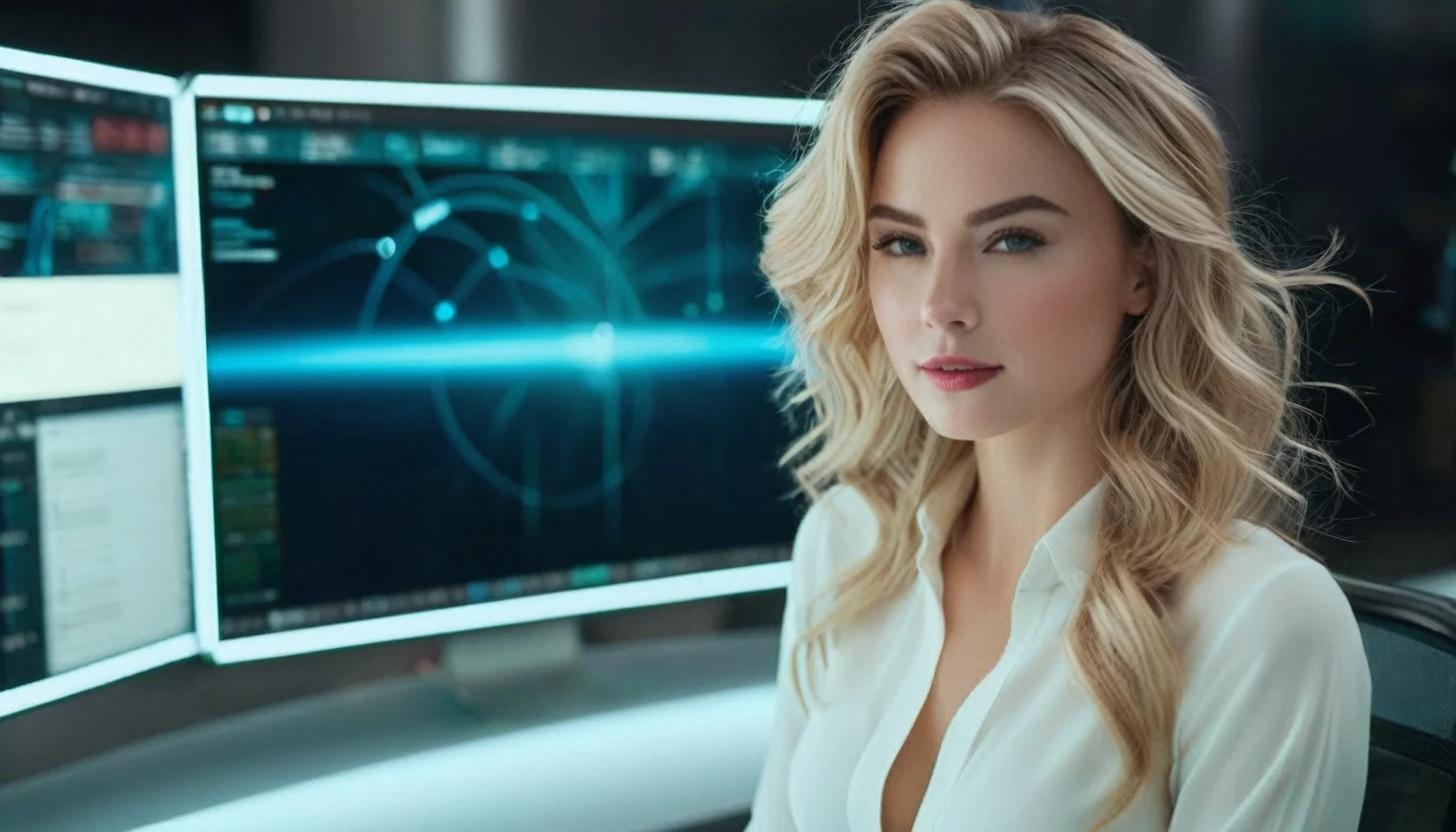 ((high angle camera view from above))cinematic wide angle full body shot of a stylish european long blonde wavy haired woman wearing (elegant short white dress with bow strap)sitting in front of a futuristic computer in a programming room, in the background there is a holographic interface visualize a futuristic colorful LLM neuron web.Consistent structure of the character. She has stylish make up and luxury hair style. Highly detailed facial features, full lips, upturned nose, best smile, realistic perfect eyes and face. Photorealistic body and face, highly detailed shiny hair and skin. Sharp focus, depth of field, lifelike textures, best shadows, best quality. Realism, photorealism, hyperrealism, vintage muted color tones, lomochrome, natural lights, cinematic lighting, contrast lighting, best quality, insanely intricate details, hdr, uhd 8k, 35 mm film, analog. Award - winning photograph, Masterpiece, 16k,hyper detailed,sfumato, chiaroscuro, beautiful woman, perfect face, rule of thirds, highly detailed hair, ((detailed face)), ((detailed facial features)), (finely detailed skin), pale skin, intricate details, amazing fine detail, neutral colors, Soft front light,cinematic lighting, dramatic lighting,dappled light on face, backlight on hair, sharp focus, wide angle, film grain, dslr, raw photo, photographed on Nikon