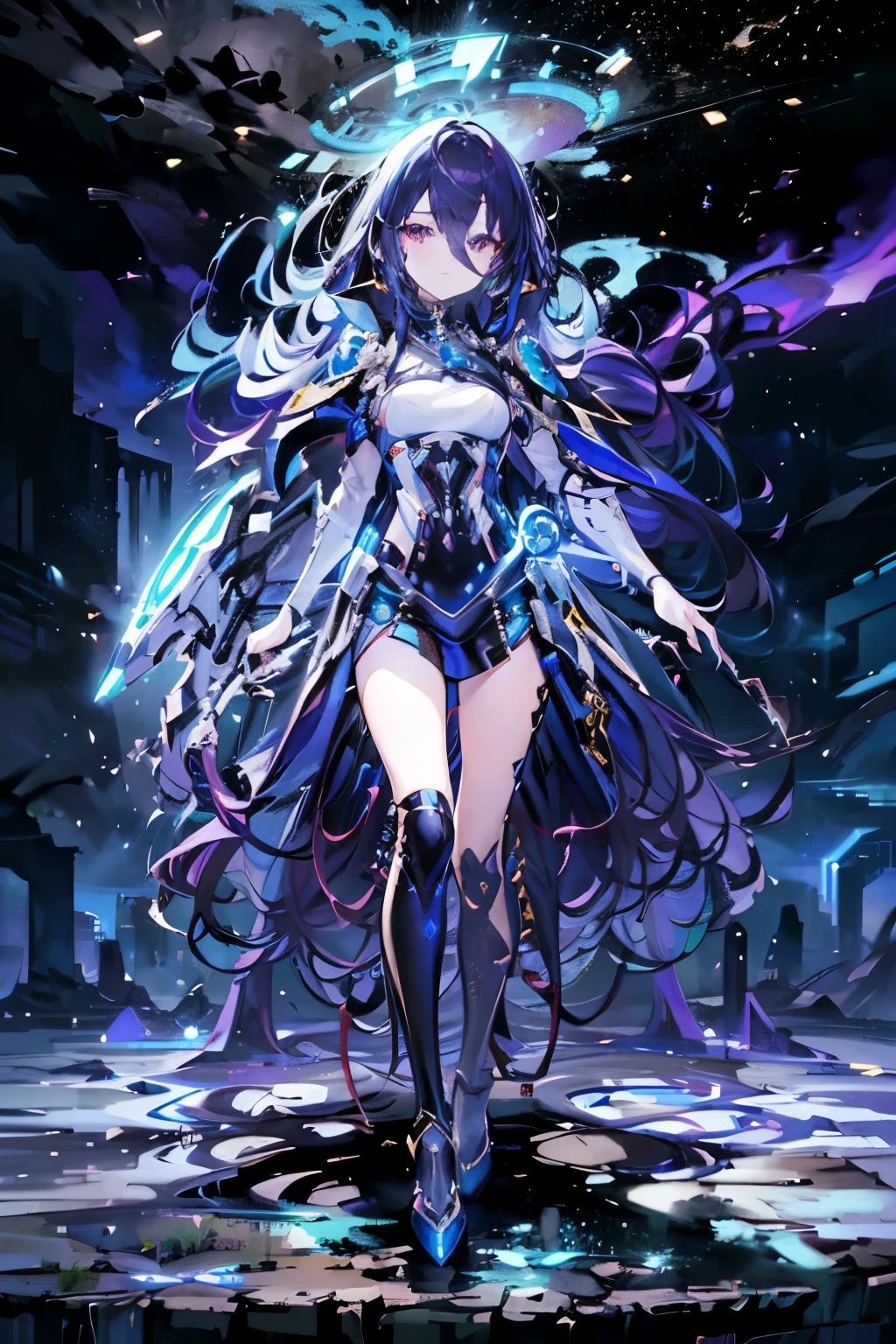 girl in a fantastical sci-fi world, highly detailed, cinematic lighting, dramatic pose, ultra-detailed face, piercing eyes, intricate outfit, advanced technology in the background, moody color palette, epic scale, photorealistic, 8k, masterpiece