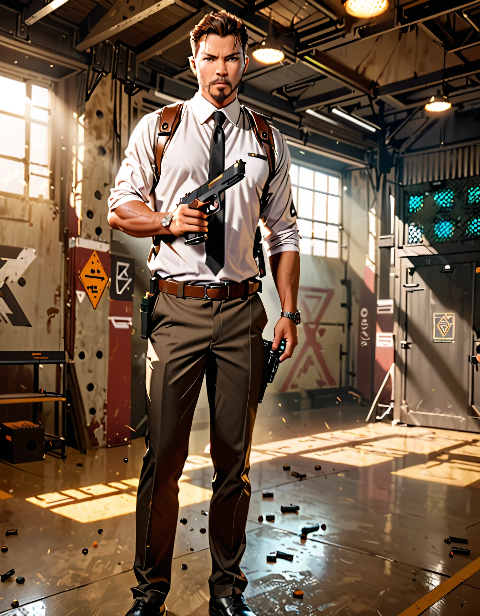 masterpiece, best quality, secret agent, (white suit t-shirt), sleeves rolled up, black necktie, shoulder holster, brown slacks, black dress shoes, (using pistol with one hand, finger on trigger), (using pistol, STI 1911), shooting range background, indoors, realistic, stylish, rutkowski, goatee, brown hair, buzz hair, blue eyes, looking at viewer, intricate details, hyperdetailed, cinematic, rim light, danger atmosphere