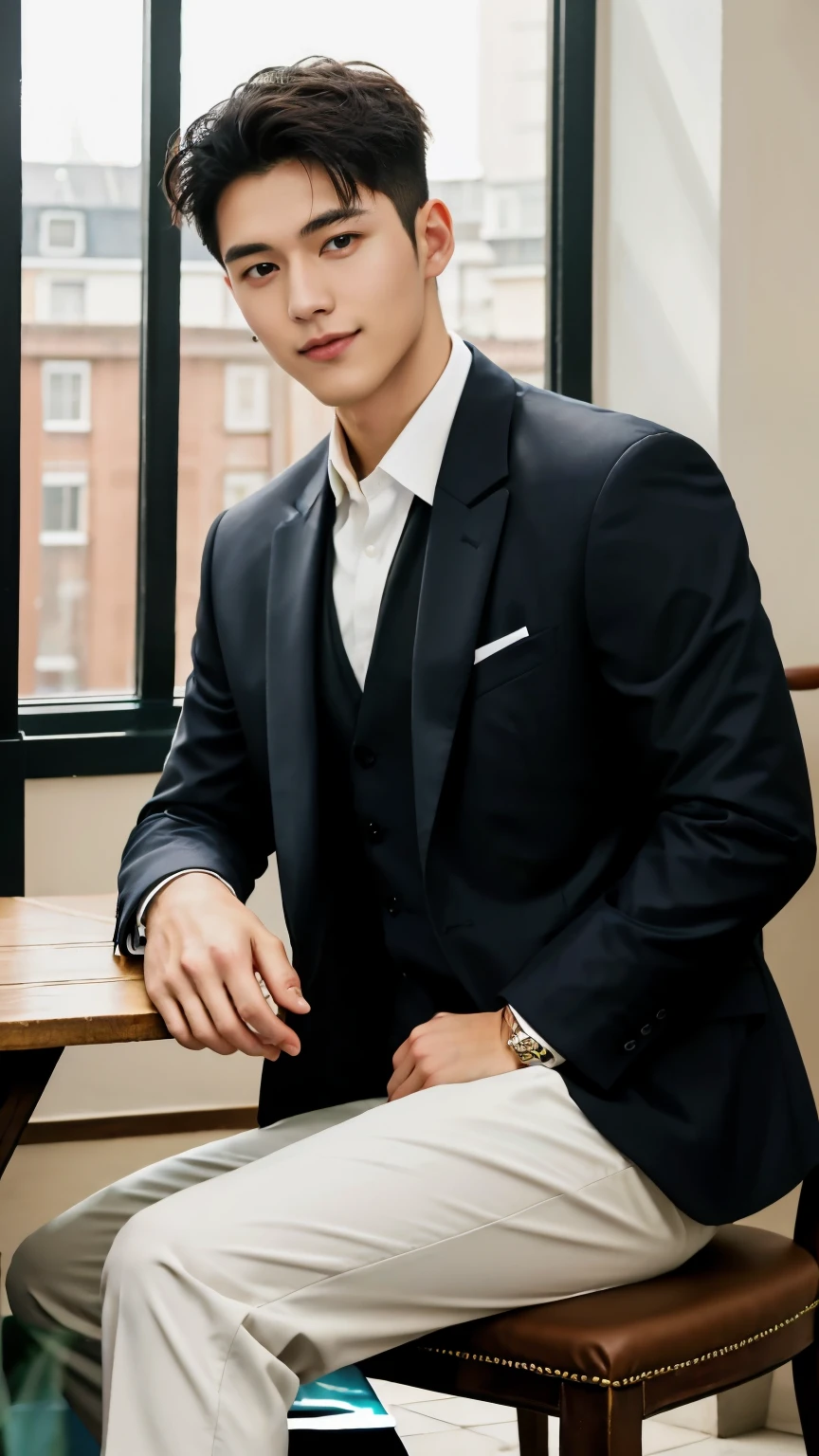A male model in his twenties named Leon. He has an exceptionally flat head. He is wearing a suit and pants, and is muscular and handsome. He is dressed in a suit, white short socks, and black sneakers. Smiling, he has facial features like a Korean idol, brown hair, and a clean hairstyle. He is seated on a chair indoors with soft lighting illuminating him. The image is a masterpiece of the highest quality, in 8K UHD, captured with a digital SLR camera, featuring film grain, and created with the realistic painting art style of a Fujifilm XT3. The artwork is depicted by Midjourney and Greg Rutkowski.
