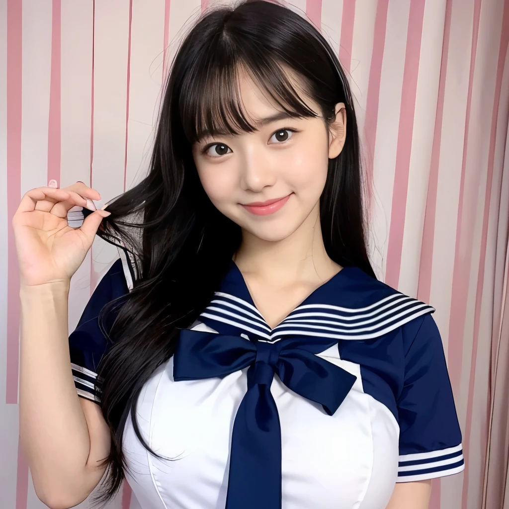 女の子1 person, alone, highest quality, 8k, Japanese women photos, 17 years old, kindergarten teacher, 長くてストレートなBlack Hair,, ((Plump)), ((Big Breasts)),Sailor suit,Sailor suit,, The best smile,Grow eyes, Shining happiness, Caring personality, Sweet feminine aura, Calm but firm attitude, Lightly freckled cheeks, A spirit of warmth and joy, Discreet and perfect for class,Eyes that shine with devotion, a humble and dedicated kindergarten teacher, 1 person,Inside the room,超Big Breasts,Big Breasts,Sailor suit,mini skirt,Black HairのストレートLong Hair,Long Hair,Black Hair,17 years old,valley,My chest is about to burst,Cute pose,Cute pose,Purikura,Purikura