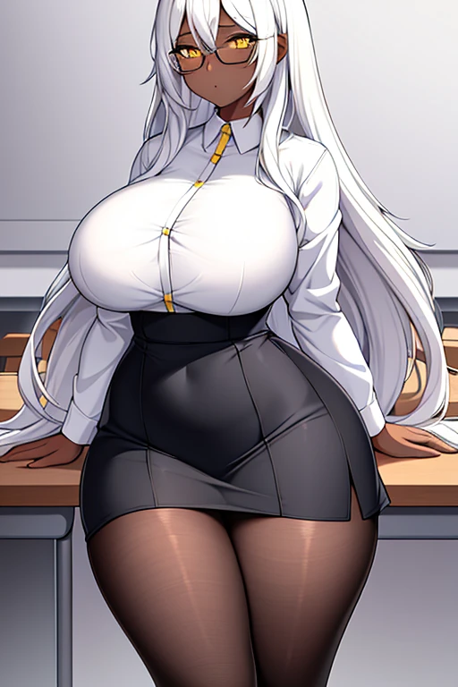 1girl, dark skin, white hair, long hair, yellow eyes, large breasts, wide hips, thick thighs, white shirt, button shirt, skirt, pencil skirt, pantyhose, teacher, classroom, glasses, hourglass fogure