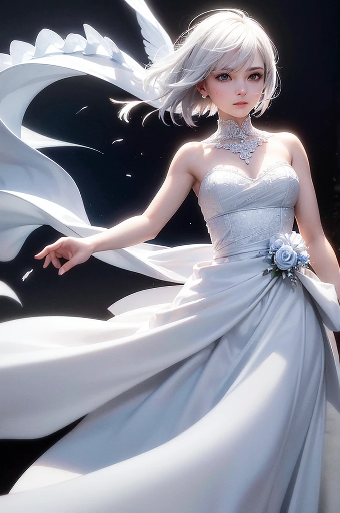 Silver Hair Short Hair Blue Eyes Beauty wedding White Dress White flower Night Sky Beautiful expression Fantastic Light White Feather Angel Hair fluttering