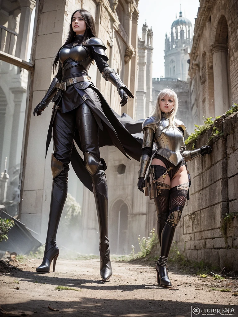 Pretty Woman, Woman in armor,Solitary,Ukraine,Black Armor,High heels boots,Full body portrait,Female Knight,slim body,Perfect face and beautiful perfect face, Surreal concept, 8k resolution, Photo quality, Walk through the ruins, Reality