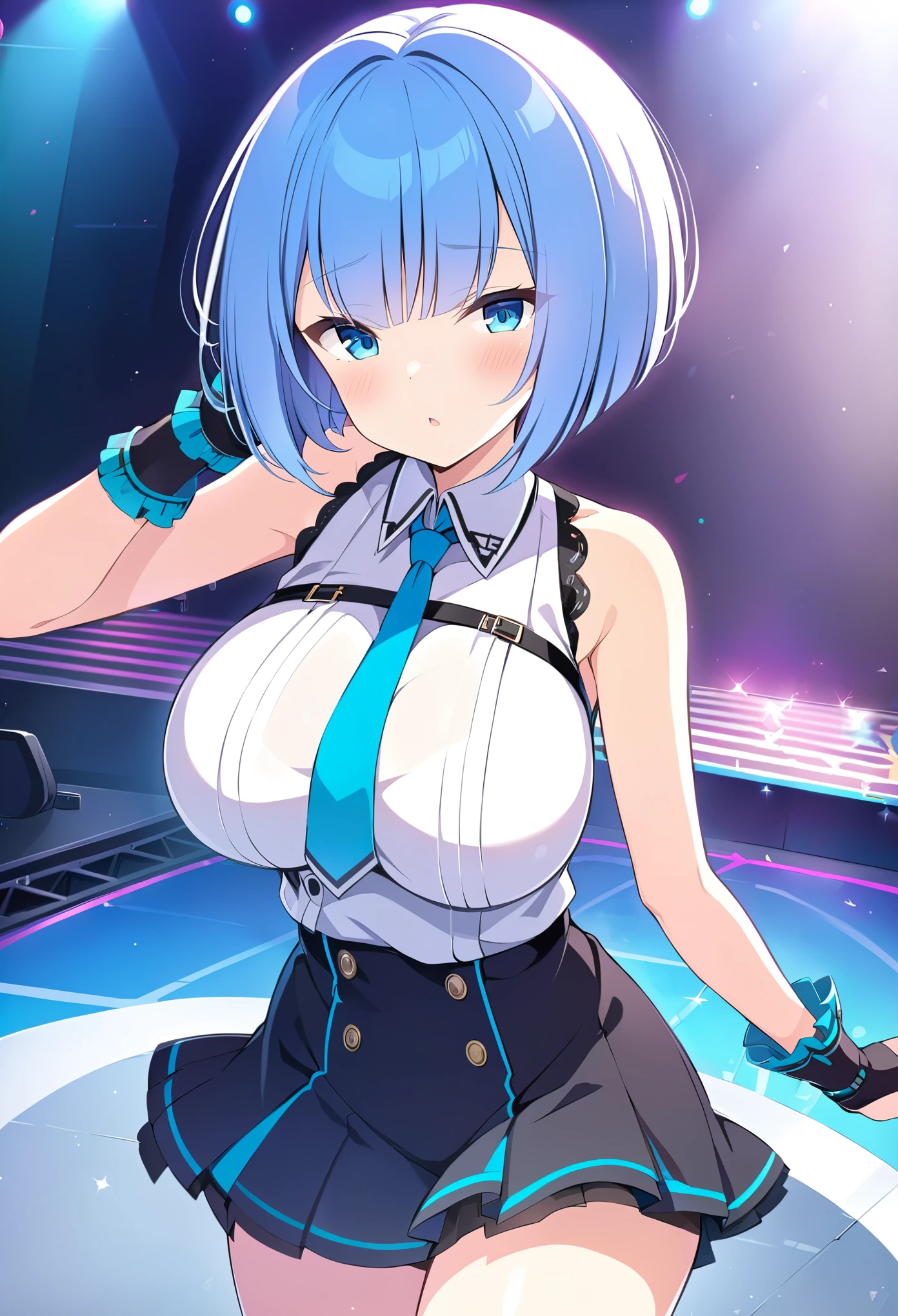 NAOEYUU, BLUE HAIR, BOB CUT, SHORT HAIR, BLUE EYES,, large breasts,, Live Stage, solo .