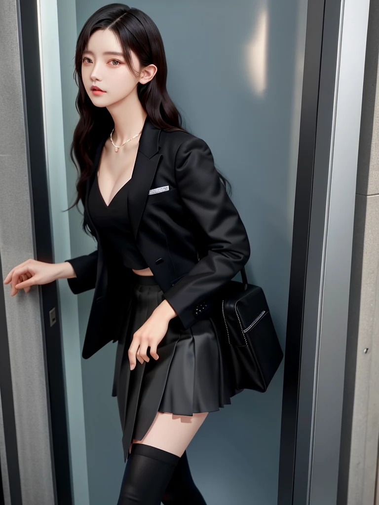 Best quality， masterpiece， 1 Girl， Beautiful face， （Photo-realistic：1.3）， Edge lighting， （High Detail Skin：1.2）， 8K Ultra HD， Digital SLR Camera， high quality， high resolution， 4k， 8K， Bokeh， absurd， The best ratio of four fingers and one thumb， （realistically：1.3）， Cute 1girl， Wearing a black formal suit jacket， Medium breasts， Short skirt，Door sauce，Cai Xukun's