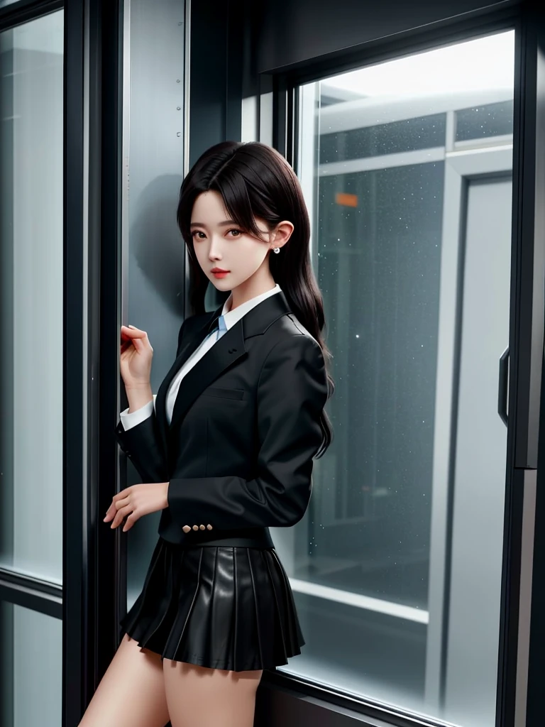 Best quality, masterpiece, 1 Girl, Beautiful face, (Photo-realistic:1.3), Edge lighting, (High Detail Skin:1.2), 8K Ultra HD, Digital SLR Camera, high quality, high resolution, 4k, 8K, Bokeh, absurd, The best ratio of four fingers and one thumb, (realistically:1.3), Cute 1girl, Wearing a black formal suit jacket, Medium breasts, Short skirt,Door sauce,Cai Xukun's