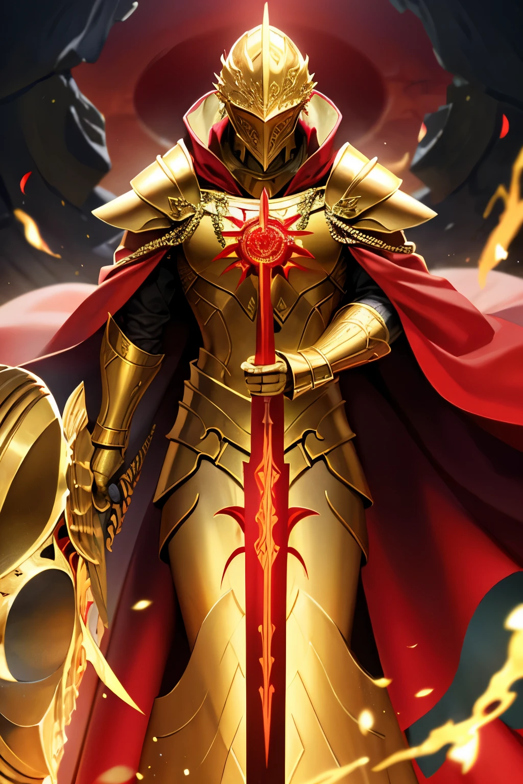 Golden knight's helmet closed, Babylon, golden fully closed knight's armor with a red cloak, red eyes, the right hand is covered with a magical seal, red in color, glows when acitated, and releases many divine golden chains with ancient runes belonging to Gilgamesh