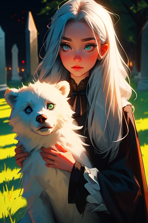 A young silver haired woman with green eyes in a pretty gothic dress is petting a white bear with red eyes in the cemetery at night