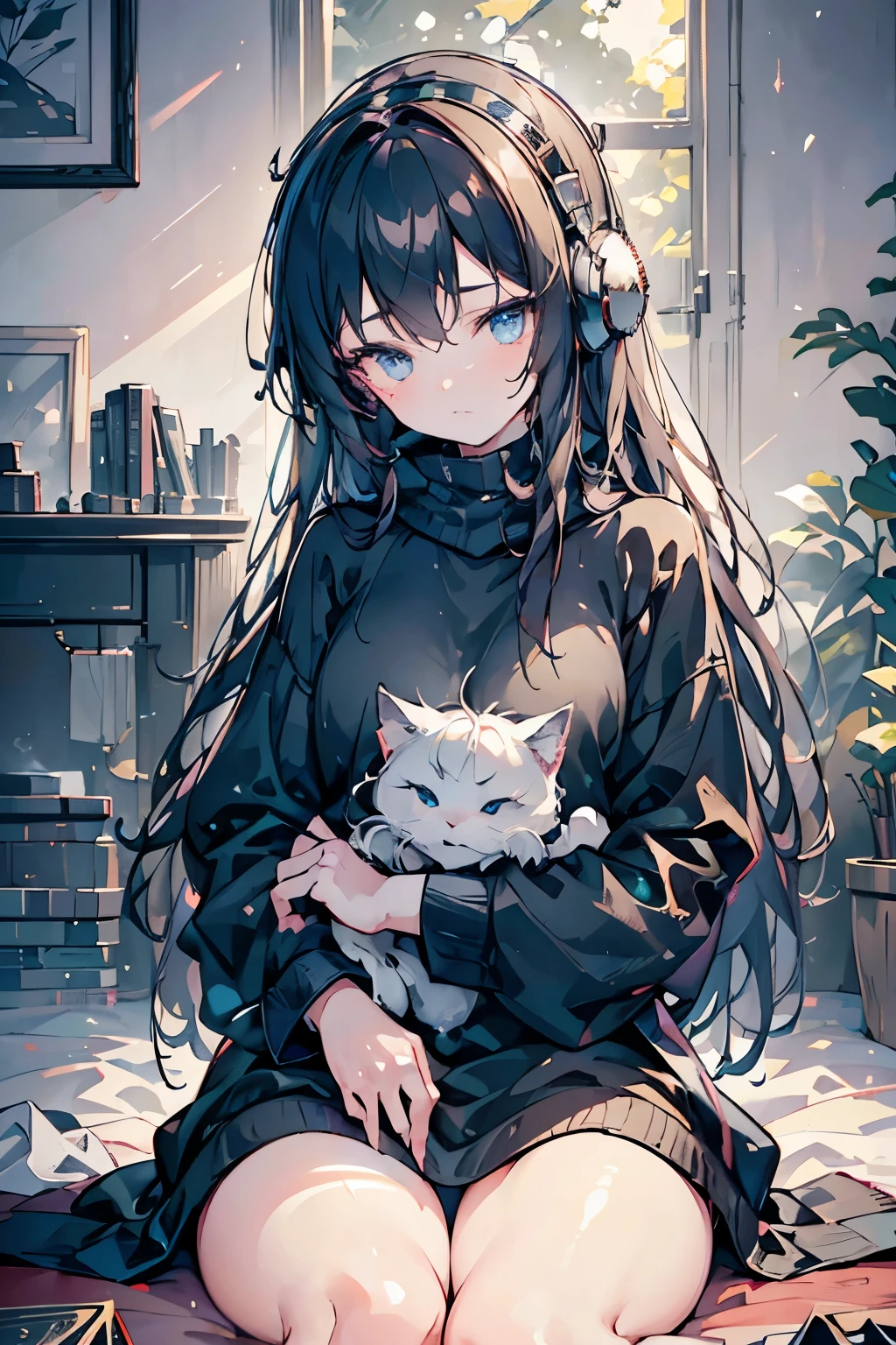 a lazy software engineer, pipe smoking, unaware of their surroundings, soft furry cat on their lap, cinematic lighting, highly detailed, photorealistic, 8k, masterpiece, 1person, cozy indoor scene, warm lighting, contemplative mood, intricate details, realistic textures, lifelike, natural pose, serene environment, introspective expression