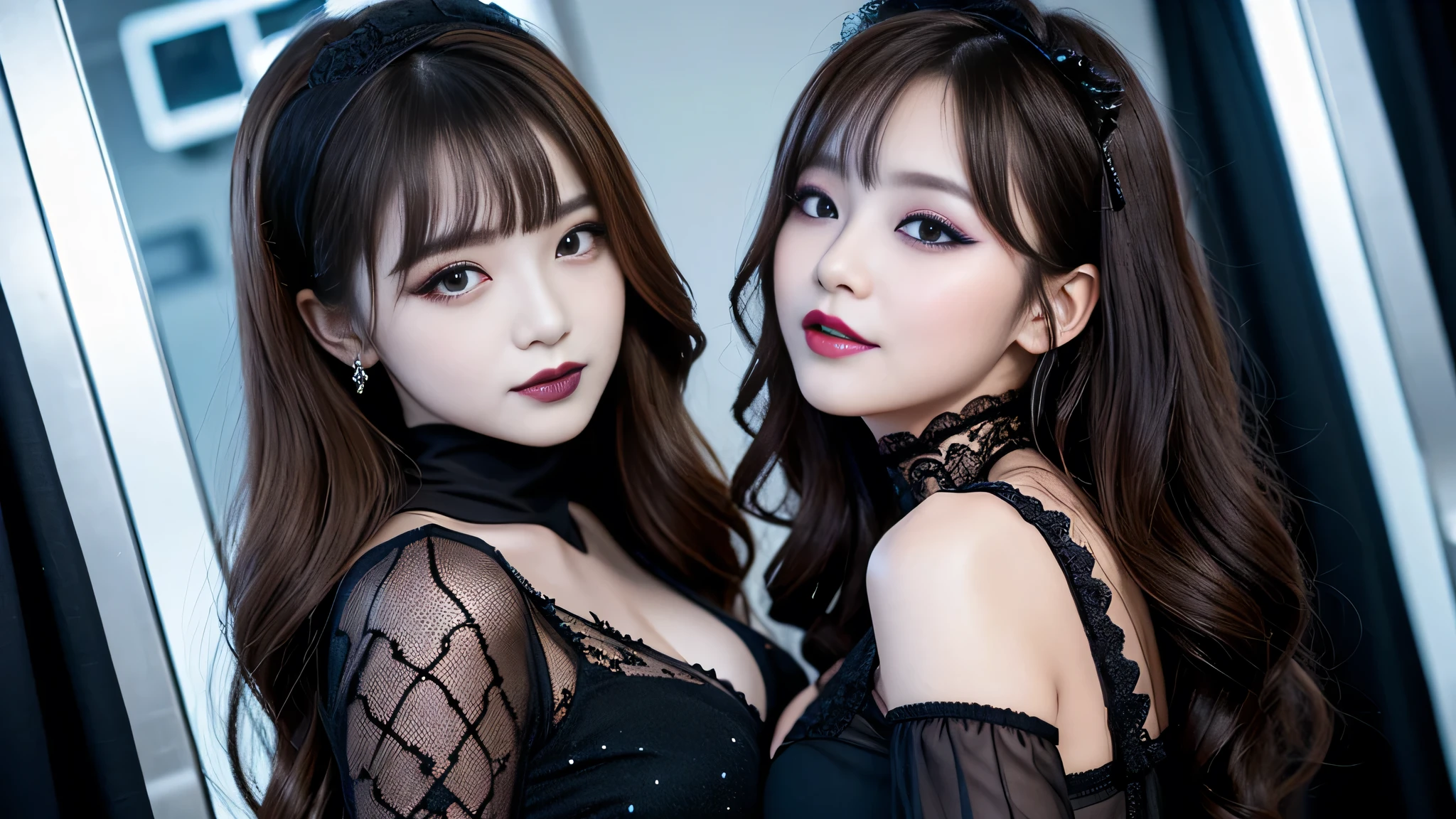 best quality、ultra-detailed、4k、Japanese、Seductive beauty、seductive adult woman、Pretty Woman、cool girl、Villainess、Brainwashed、brainwash、Fallen into evil、smirk、Evil look、Wicked Smile、evil、Brown hair、wavy hair、swept bangs、dark makeup、dark makeup、piercing eyes、hollow eyes,half-closed eyes、Hollow Eyes、purple Eyeshadow、black lipstick、black lipglos、Lace fabric、blue party dress、Wide sleeves、flare skirt、stockings、pantyhose、night、inside darkroom、Are standing、shoot from below、Make up、Hold a small makeup brush、Swear allegiance、I have pledged my allegiance、Seduce、