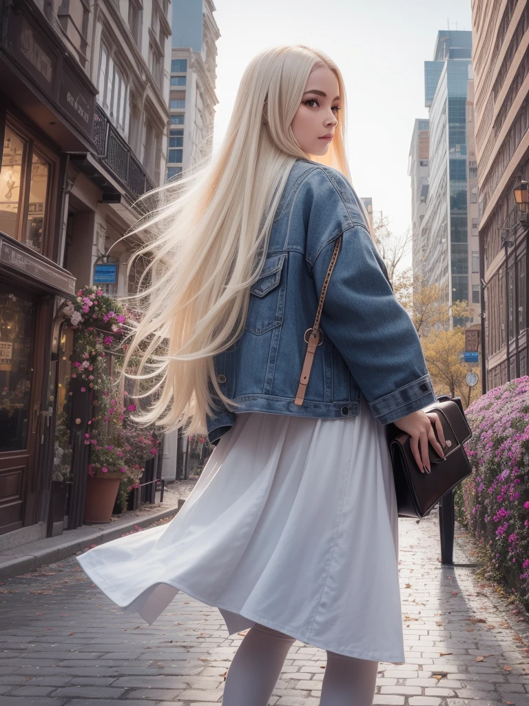Woman with long blond hair, hapiness, White jeans, Long white coat, belt, bracelet, Leather Case, rivet, Walking on the city streets,There was an explosion behind me, night, poster.