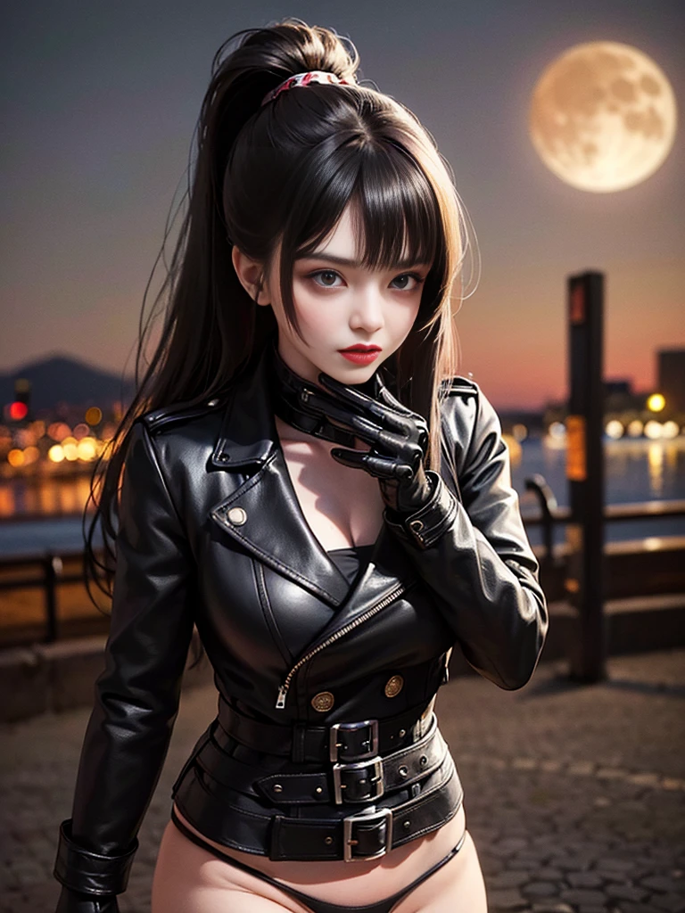 (Skin dentition:1.5), Practical, Reality, (masterpiece:1.5), concept art, Intricate details, Very detailed, Reality, Octane Rendering, 8K, Unreal Engine, Dynamic poses, best quality, High resolution, (Realistic face:1.1), (Surrealism:1.1), (((full_Body))), Perfect eyes,(shiny skin:1.2), (((hairstyle))), (((Perfect hands))), (Very detailed的背景), ((Dynamic Background)), ((Big Moon)), ((1 Girl)), Wearing a black trench coat, Black leather trousers, Black T-shirt, Black boots, ((delicate eyes, High quality eyes, High quality face shape)), (extremely sophisticated jacket), Black long hair, ((Dramatic)), epic, City, Depth of Field, Bokeh, 4k, University, (Ponytail), ((Standing)), ((full Body))