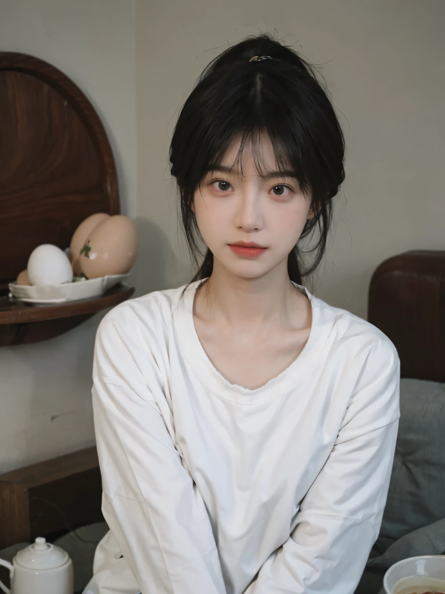 Best quality， Ultra-high resolution， （realistically：1.4），There is a woman wearing a sweater and a white shirt, YoungCute Korean face, Eggs with Cute and delicate face, a cute young woman, she has a cute face, Cute Korean face, pale milky white porcelain skin, wearing collar on neck, Cute and delicate face, ulzzangs, thick collar, Baiji haircut hairstyle