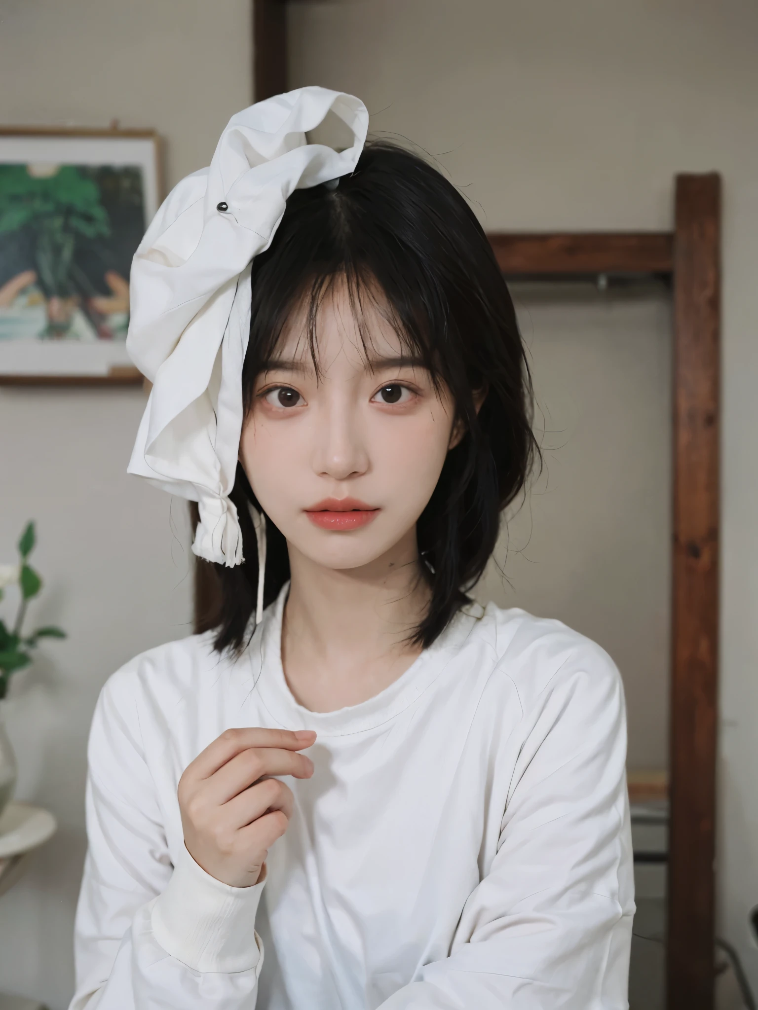 Best quality, Ultra-high resolution, (realistically:1.4),There is a woman wearing a sweater and a white shirt, YoungCute Korean face, Eggs with Cute and delicate face, a cute young woman, she has a cute face, Cute Korean face, pale milky white porcelain skin, wearing collar on neck, Cute and delicate face, ulzzangs, thick collar, Baiji haircut hairstyle