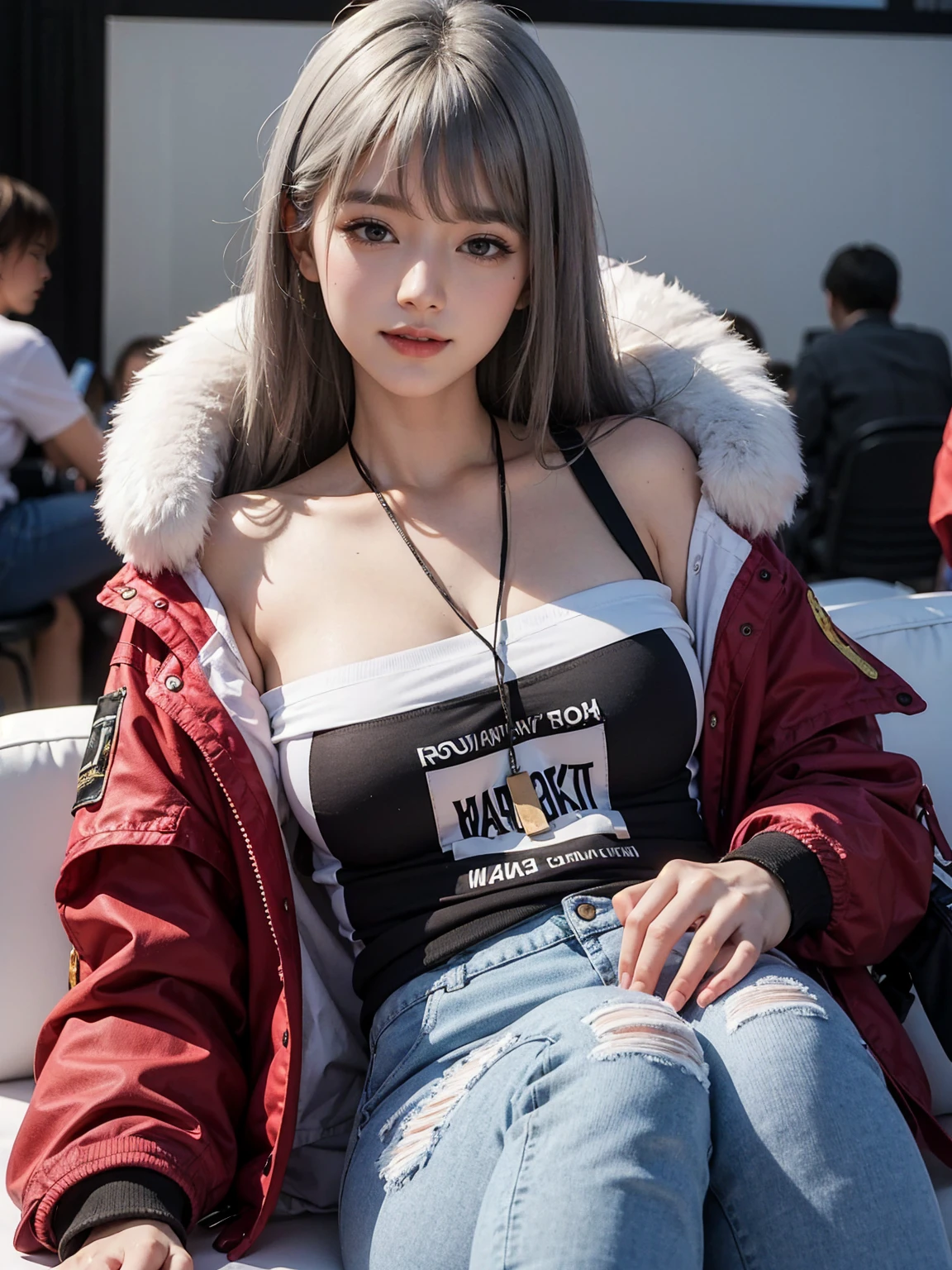 (masterpiece), (best quality), (Super detailed),(illustration), (1 Girl),looking at the audience, (interview),Beautiful and delicate eyes, Delicate and beautiful face, floating,(High saturation),(shining), Big breasts, Freemadev, Gray hair, White shirt, Red Jacket, Fur trim, Open clothes, Off-shoulder, Black pants, The pants are torn, necklace, Sleeping Mask, Smiling