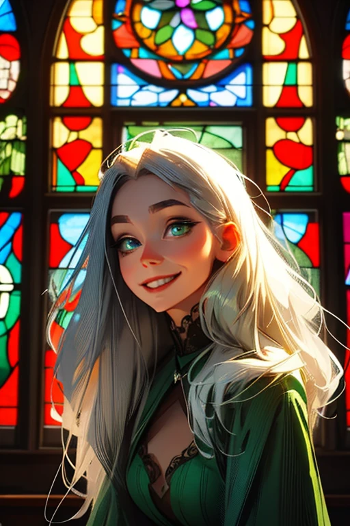 A young silver haired woman with green eyes in a pretty gothic dress is smiling in front of a stained glass window
