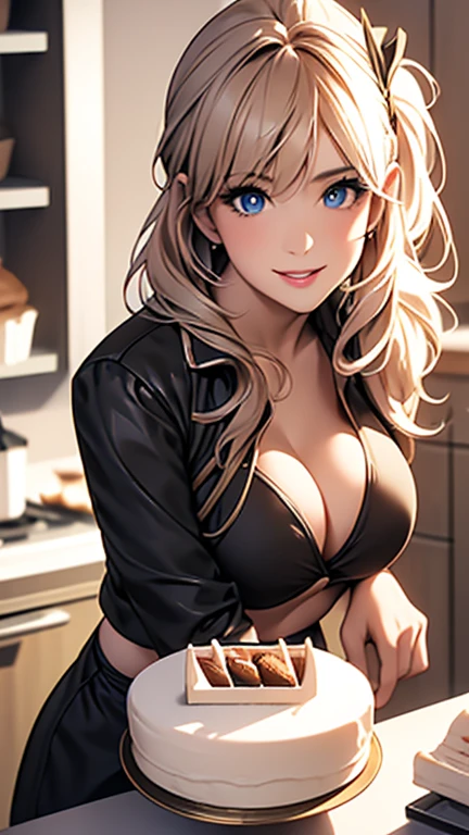(dynamic angle:1.3, front view:1.1, breast focus:1.3, from above:1.1), (dynamic posing:1.2, sexy posing:1.2), (seductive smiling:1.3), ((looking at cake,Taking a cake out of the golden oven, worried about the outcome:1.2)),highest quality、(real、photorealistic:1.4),(ultra high resolution, 8K RAW photo, clear focus), best qualtiy, natural lighting, field depth, (Bright pupils, detailed beautiful eyes, high detailed face), Red lip, (tight focus:1.2), a girl 22yo old, Wearing a pastry chef uniform:1.3 , Thicc, thin breast, long hair, blue eyes,garter stocking, cleavage:1.2, midriff, black shorts, black thighhighs, thigh strap, pretty girl, (highly detailed beautiful face and eyes,firm breasts),real skin,((black,hair,long pony tail hair)),thin pubic hair,cute,lovely, detailed eyes,(double breasted:1.0,under bust:1.0),(with sparkling eyes and a contagious smile),open mouth, Looking at Viewer,A scene of cooking in the kitchen,looking at the golden oven