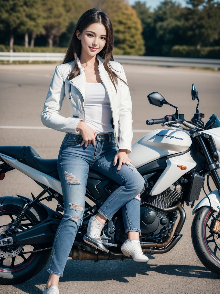 ((best quality, 8K, masterpiece: 1.3)), sharp: 1.2, Perfect body beauty: 1.4,(((Woman on a motorcycle))),slim body,((White long-sleeved motorcycle jacket and jeans)),Highly detailed face and skin textures,((full-body shot)),Natural light,Smile