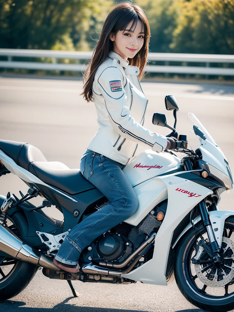((best quality, 8K, masterpiece: 1.3)), sharp: 1.2, Perfect body beauty: 1.4,(((Woman on a motorcycle))),slim body,((White long-sleeved motorcycle jacket and jeans)),Highly detailed face and skin textures,((full-body shot)),Natural light,Smile
