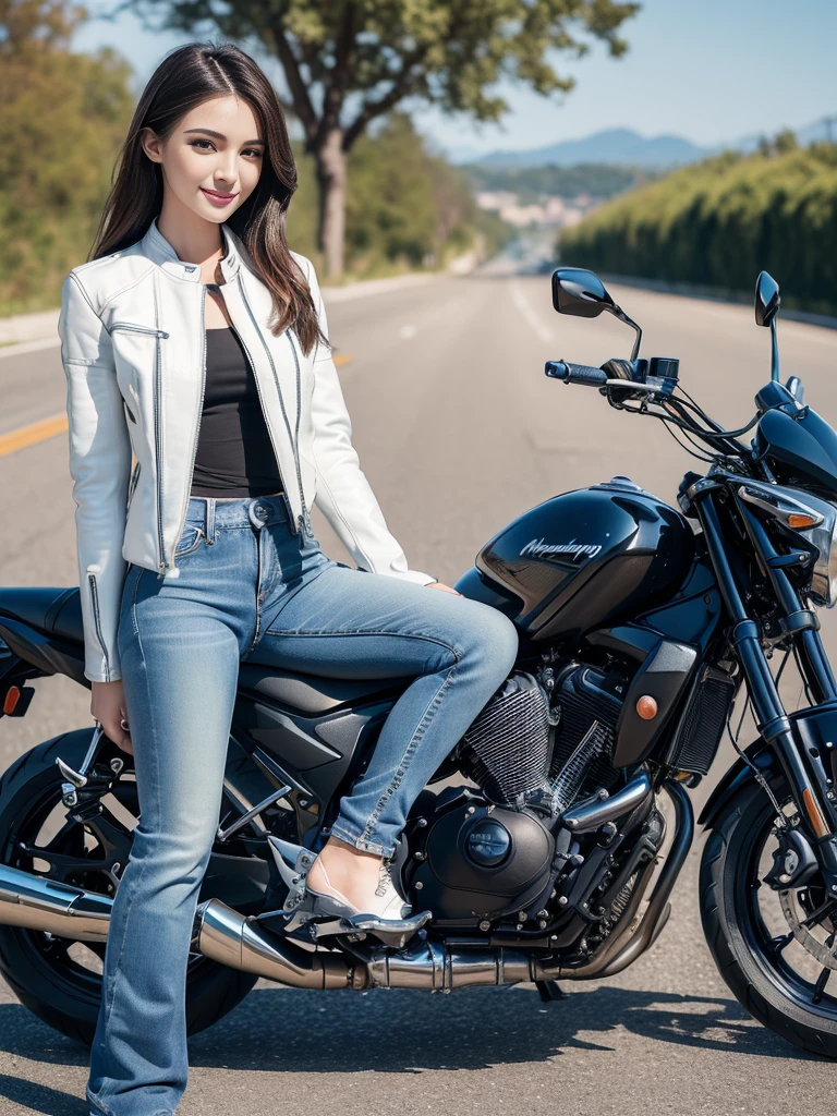 ((best quality, 8K, masterpiece: 1.3)), sharp: 1.2, Perfect body beauty: 1.4,(((Woman on a motorcycle))),slim body,((White long-sleeved motorcycle jacket and jeans)),Highly detailed face and skin textures,((full-body shot)),Natural light,Smile