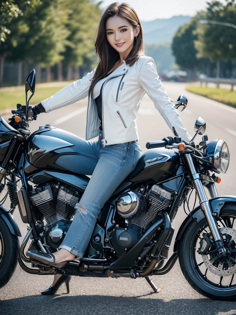 ((best quality, 8K, masterpiece: 1.3)), sharp: 1.2, Perfect body beauty: 1.4,(((Woman on a motorcycle))),slim body,((White long-sleeved motorcycle jacket and jeans)),Highly detailed face and skin textures,((full-body shot)),Natural light,Smile