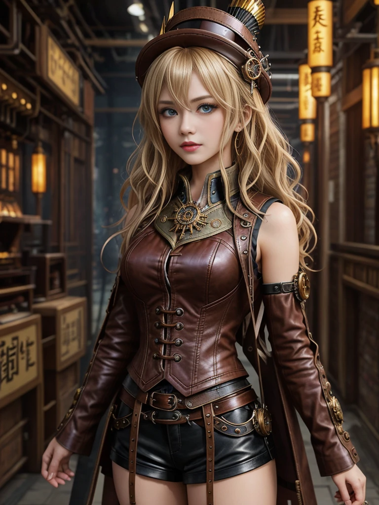 Steampunk服装的女人, 穿着Steampunk服装, Steampunk幻想 style, (Steampunk), Steampunk美丽女神, Steampunk美丽的女人, Steampunk style, Steampunk幻想, Steampunk发明家女孩, Long wavy blonde hair, Bangs cover eyes, blue eyes, White skin, Serious and solemn face, Burgundy lips, Brown Leather Tights, Brown Low Cut Leather Vest, Brown leather boots, 以Steampunk世界为背景, 生动的Steampunk概念