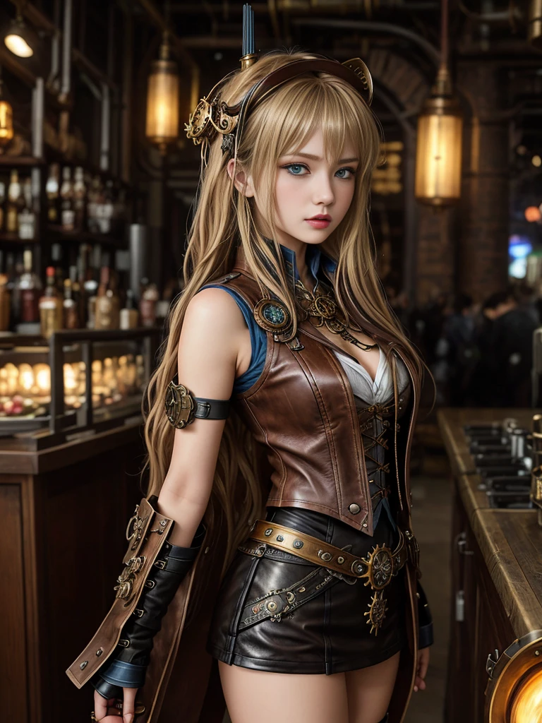 Steampunk服装的女人, 穿着Steampunk服装, Steampunk幻想 style, (Steampunk), Steampunk美丽女神, Steampunk美丽的女人, Steampunk style, Steampunk幻想, Steampunk发明家女孩, Long wavy blonde hair, Bangs cover eyes, blue eyes, White skin, Serious and solemn face, Burgundy lips, Brown Leather Tights, Brown Low Cut Leather Vest, Brown leather boots, 以Steampunk世界为背景, 生动的Steampunk概念