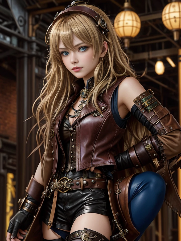 Steampunk服装的女人, 穿着Steampunk服装, Steampunk幻想 style, (Steampunk), Steampunk美丽女神, Steampunk美丽的女人, Steampunk style, Steampunk幻想, Steampunk发明家女孩, Long wavy blonde hair, Bangs cover eyes, blue eyes, White skin, Serious and solemn face, Burgundy lips, Brown Leather Tights, Brown Low Cut Leather Vest, Brown leather boots, 以Steampunk世界为背景, 生动的Steampunk概念