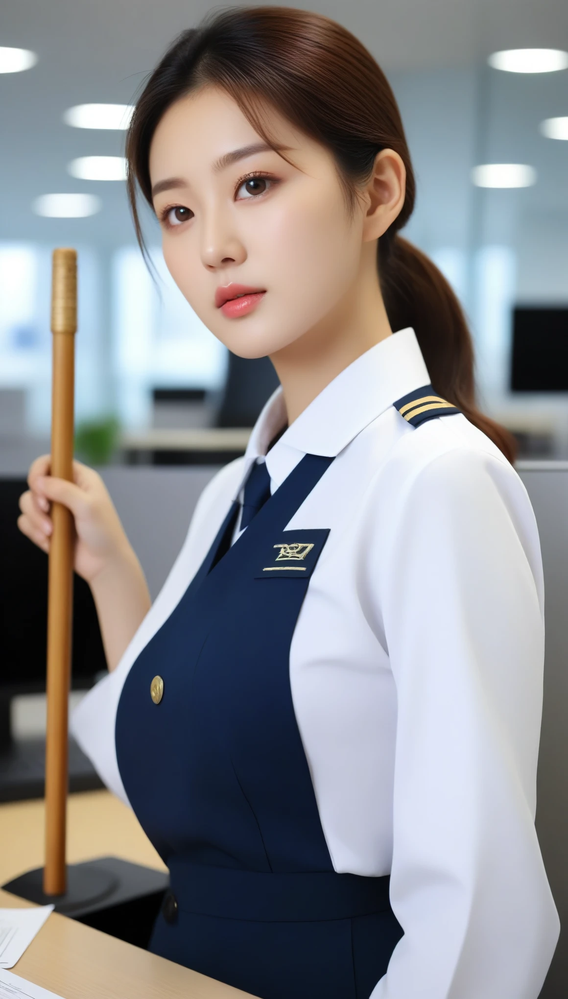close-up of beautiful korean female, 34 inches breasts size, wearing staff uniform, showing staff card, at the office , UHD
