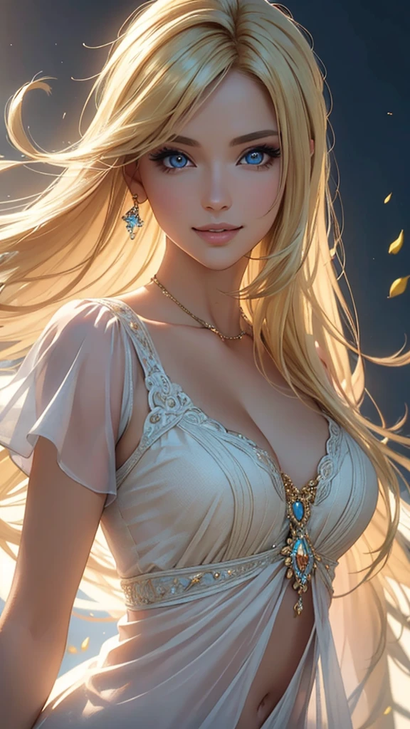 (Best quality,ultra detailed,Photorealistic:1.37),bright and rich colors,studio lighting,Playful expression,stylish makeup, Lyme,Blonde hair blowing in the wind,inviting eyes,Glossy lips,sexy pose, I smile confidently and seductively,posing for a professional photo shoot,Shallow depth of field,highlighting the main subject,Soft natural light,Creating a dreamy and magical atmosphere.