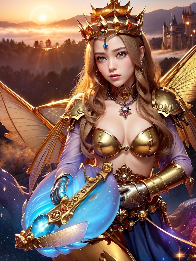 (On the table), professional , masterpiece、Top quality、Photo-realistic , Depth of Field (Sapphire silver metal body:1.9),(Foggy、gem gold weapon、(Gorgeous castle background)、(ultimate beautiful girl)、(Fairy wings grew on her back)、(Gem metal body:1.9),Gorgeous gem metal weapons , Details of the Sword of the Brave ,( tears flow from eyes) ,Warhammer 40k , gained sisterhood,Detailed and ornate gemstone crown、solo、brown hair、(Gungar forest background)、beautiful caucasian beauty、1one person、Dynamic Angle,(((Diamond crown details luxury)))、a small face、strong posture、(Gorgeous castle background)、Huge file size、20 year old beautiful woman、Stand in the center of the screen、thin female fingers、Long straight hair、beautiful caucasian beauty、