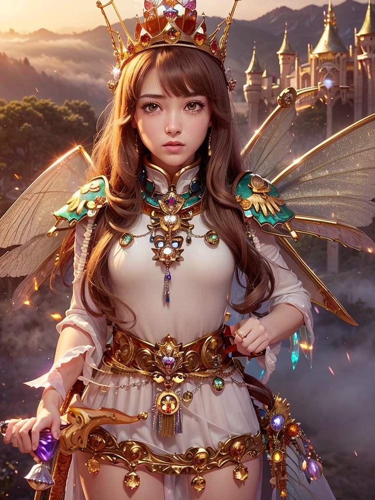 (On the table), professional , masterpiece、Top quality、Photo-realistic , Depth of Field （Sapphire silver metal body:1.９),(Foggy、gem gold weapon、（Gorgeous castle background）、（ultimate beautiful girl）、（Fairy wings grew on her back）、（Gem metal body:1.９),Gorgeous gem metal weapons , Details of the Sword of the Brave ,（ tears flow from eyes）   ,Warhammer 40k , gained sisterhood,Detailed and ornate gemstone crown、solo、brown hair、（Gungar forest background）、beautiful caucasian beauty、１one person、Dynamic Angle,(((Diamond crown details luxury)))、a small face、strong posture、（Gorgeous castle background）、Huge file size、20 year old beautiful woman、Stand in the center of the screen、thin female fingers、Long straight hair、beautiful caucasian beauty、