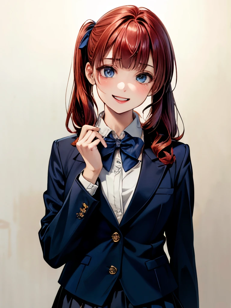 (masterpiece:1.2, highest quality), (Realistic, photoRealistic:1.4), Beautiful illustrations, (Natural Side Lighting, Cinema Lighting), , 
, (Face Focus, Upper Body, Front view:0.6), 1 girl, high school girl, Japanese, Perfect Face, Perfect Anatomy, Cute and symmetrical face, (Round face), Shiny skin, 
(Twin tail hair、Red hair), Blunt bangs, blue eyes, Big eyes, Long Eyelashes, (Medium chest), 
Beautiful Hair, Beautiful Face, Beautiful fine details, Beautiful clavicle, Beautiful body, Beautiful breasts, 
(((navy , navy school blazer:1.2, navy pleated mini skirt), Closed blazer, Grey bow tie, White collared shirt), (Bust Shot),
(Pure white wall background), Are standing, (Putting a hand to your mouth), (laughing), 