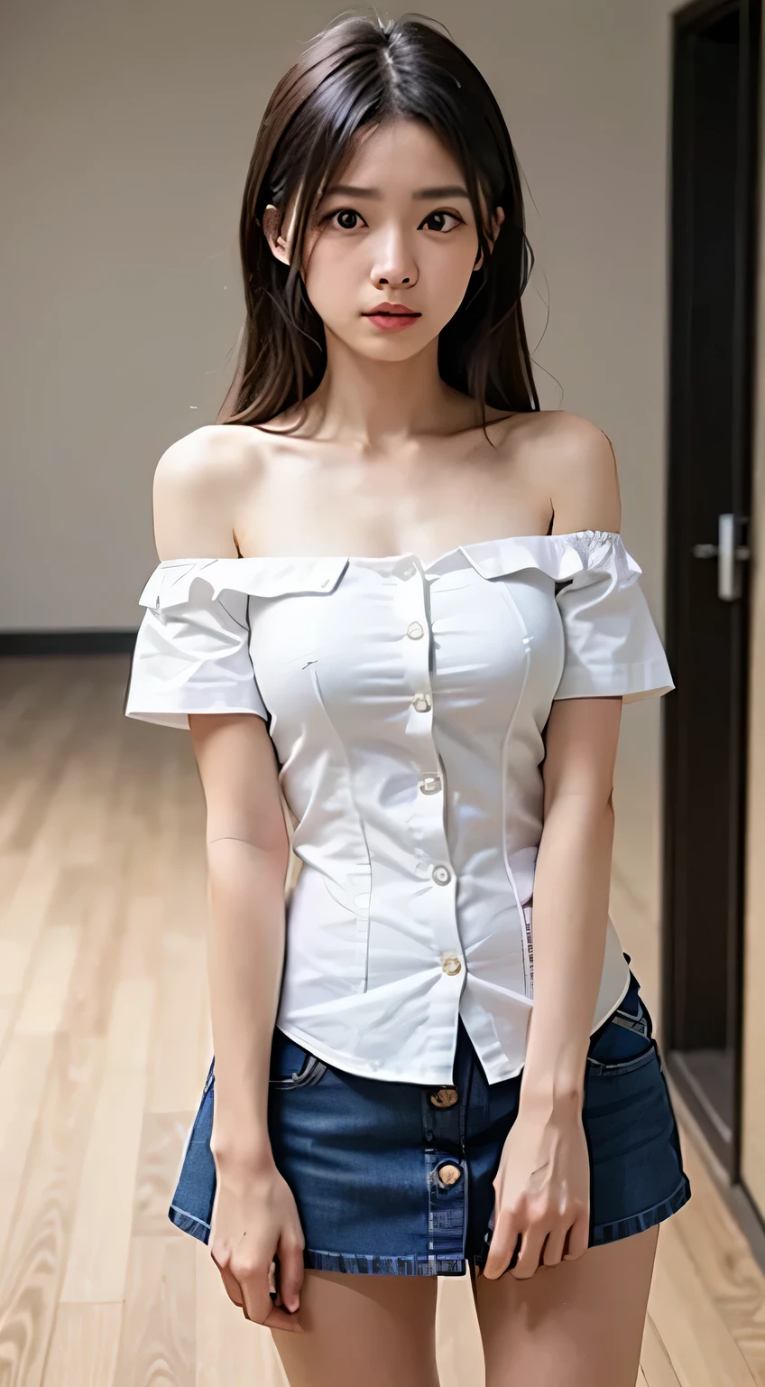 Very detailed CG Unity 8k wallpaper、highest quality、Very detailed、masterpiece、reality、reality、Very detailedなかわいい女の子、18-year-old、(Japanese  in uniform)、((White short sleeve buttoned cotton shirt:1.5))、((A woman wearing a white short-sleeved off-the-shoulder shirt:1.4))、((Shooting from the front:1.4))、((Standing in an empty room:1.4))、((Standing confused:1.4))、blush、Cleft lip、Looking at the audience、((Cowboy Shot:1.4))、((Navy Blue Denim Mini Skirt:1.5))、((straight medium long hair:1.7))、(Beautiful Face:1.3)、(Perfect balance:1.2)、(Long legs:1.2)、(Small breasts:1.3)、((Upper Body))、((Model pose:1.4))、Angle from below、reality、