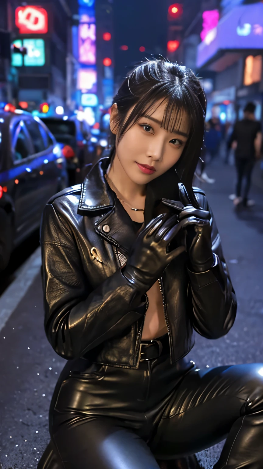 black leather rider jacket, Office in the Dark, Black leather gloved fingertips on both hands,Wearing black leather gloves,Sitting in a black leather chair、 Japanese female new recruits (Black leather gloves cover both hands) (The angle is horizontal)、Black Leather Pants,Black Leather Black Leather Pants,Black Leather Skinny Pants、Long black leather boots on both feet、Black Hair ((He wears black leather gloves on his hands))Full Body Photo,full body shot full body full body leather suit,☺If you turn in this direction。Wearing black leather gloves,Wearing black leather gloves,Wearing black leather gloves,Wearing black leather gloves,Wearing black leather gloves,Wearing black leather gloves,黒のレザーパンツが美しい😍黒のレザーパンツが美しい😍黒のレザーパンツが美しい,😍Smiling while looking at me,City lights、((Neon Cyberpunk City Street:1.3))、(Neon Light)、Detailed lighting、
Best image quality、Ultra-high resolution、(realism:1.4)、Korean Beauty Star、The most beautiful KPOP stars、face、Horny Korean Makeup、A body that makes you want to touch it、Realistic leather texture、Costume made of smooth leather fabric、The drape of the curved parts of the leather fabric、The costume is very shiny、Quality of the costume、8K Photo Quality