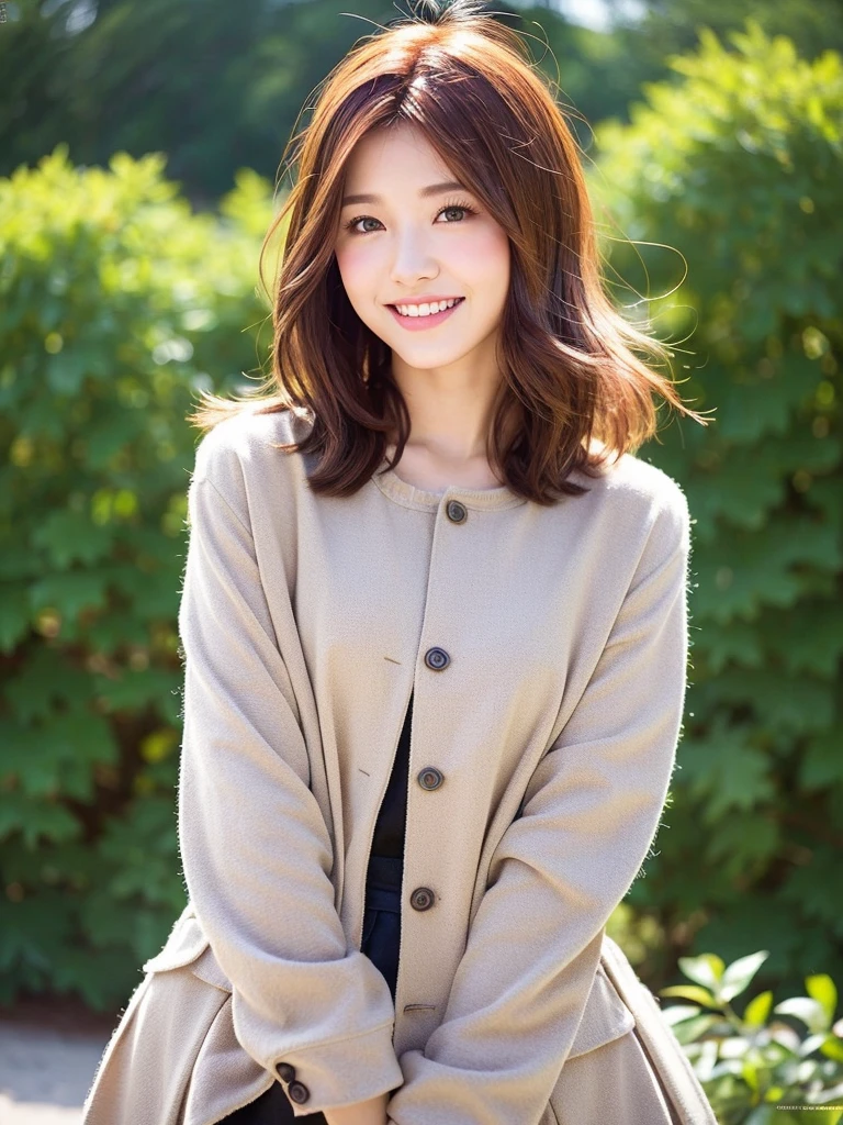 Top quality, 1 Beautiful Woman, 28 years old, Era, 35mm lens,, Cowboy shooting, specific background、Mortar style background、reddish brown hair color、Folding arm、Customized jacket、mortar style wall,from below、Straight Hair、Straight Hair、shiny hair,Silky hair、Smiling face,"reddish brown hair color"、Pixie Short Hair,Pixie Short Hair、Korean,a