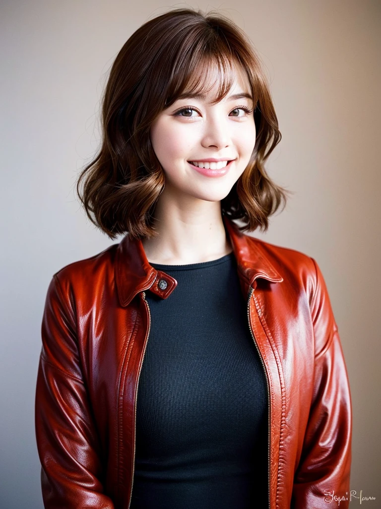 Top quality, 1 Beautiful Woman, 28 years old, Era, 35mm lens,, Cowboy shooting, specific background、Mortar style background、reddish brown hair color、Folding arm、Customized jacket、mortar style wall,from below、Straight Hair、Straight Hair、shiny hair,Silky hair、Smiling face,"reddish brown hair color"、Pixie Short Hair,Pixie Short Hair、Korean,a