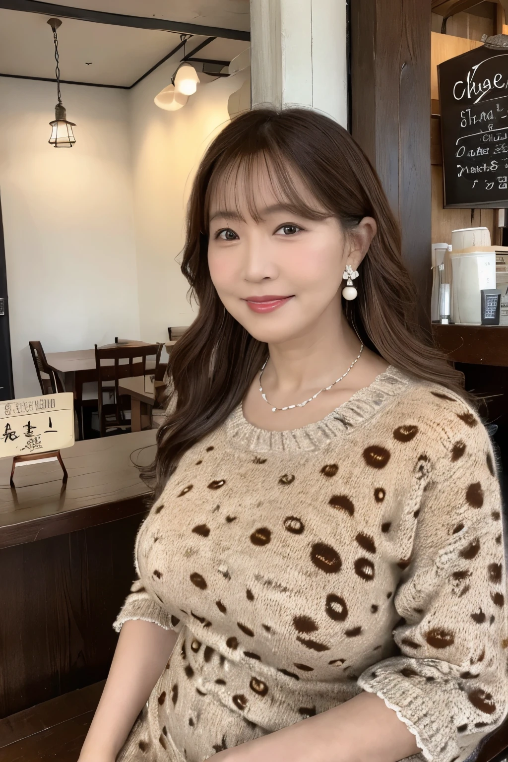 Osaka's aunt、Organic Photography、highest quality、masterpiece、Ultra-high resolution、Beautiful Japanese old lady、65 years old、Looking at the audience、Elegant face、Toothy smile、Big Breasts、Wearing a short-sleeved knit with an animal print、Medium long wavy hair、mini skirt、Earrings、A corner of a coffee shop