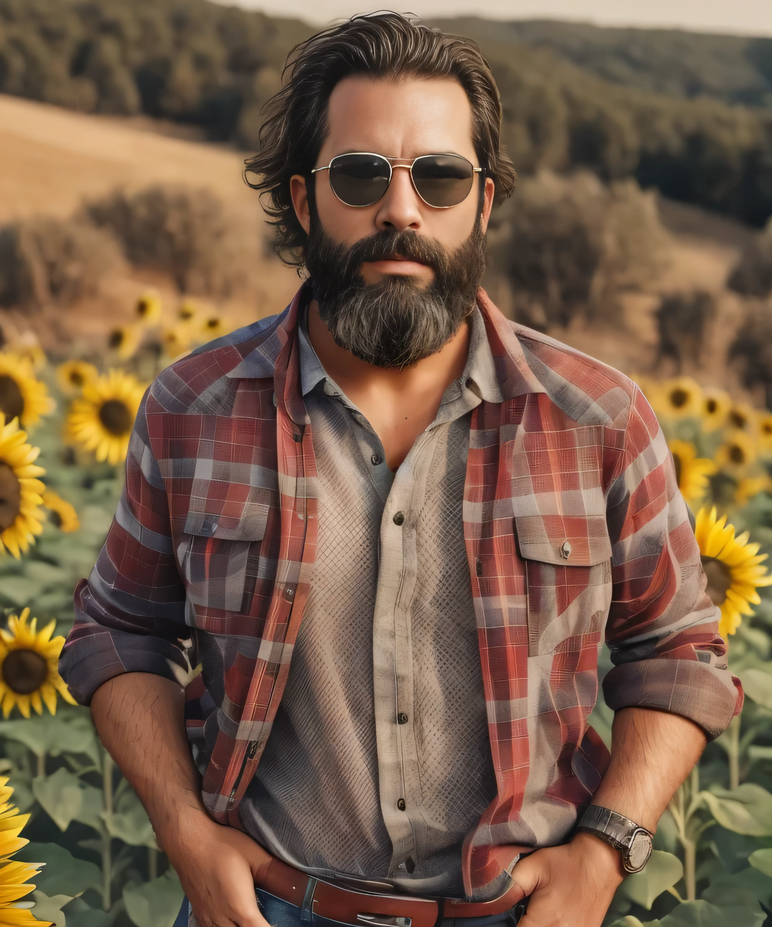 Obra maestra, desenfoque de campo, Parte superior del cuerpo, Hands in pants pockets , 38 year old man with beard and square sunglasses.. Man wearing a plaid shirt in an action movie with a field of sunflowers in the background.